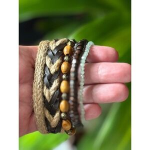 Boho Beaded Leather Jute Bracelet Stack 6 Set Women's Beaded Earthy Lot Layer A8